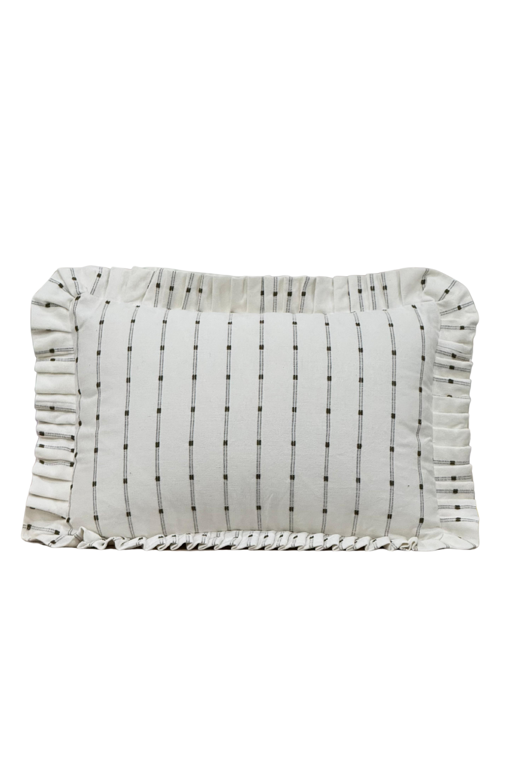 Ruffle Lumbar Pillow Cover White Embroidery Olive Green Stripes