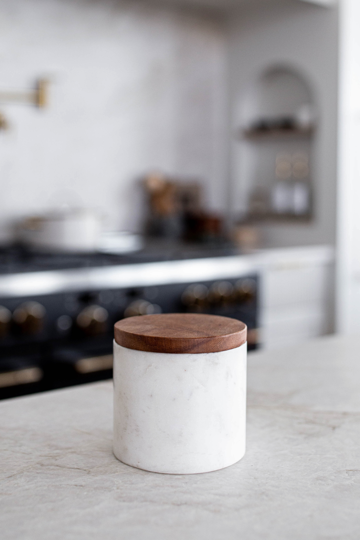 Stone Turned White Marble Jar With Acacia Wood Lid | By Luxe B Co. 