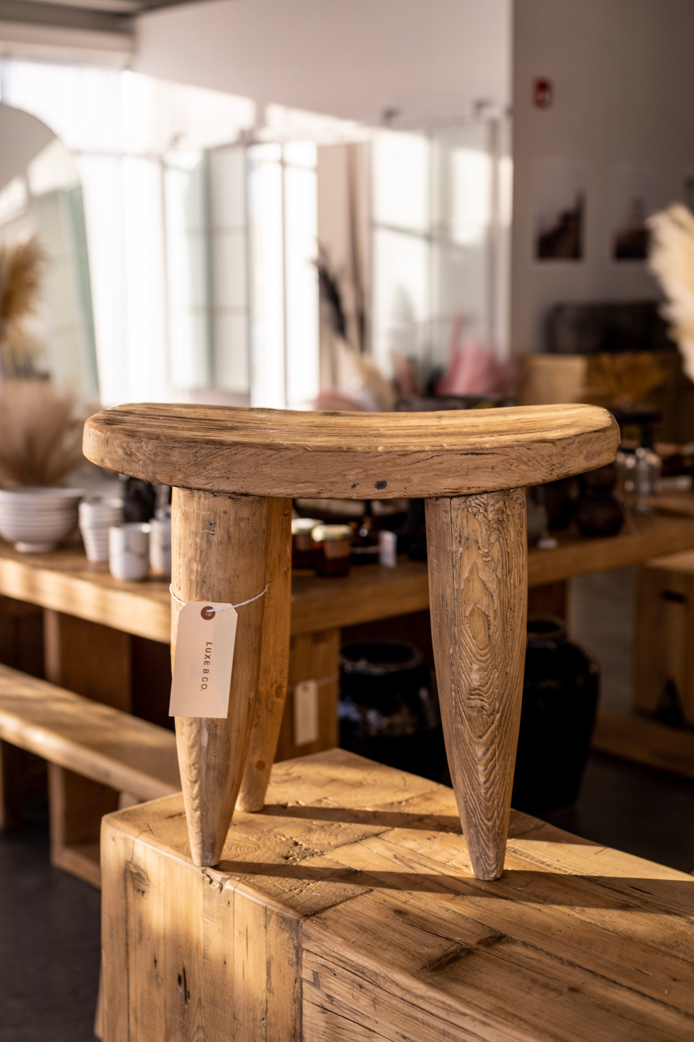 Senufo Stool Bench Natural Elm Large - Luxe B Co