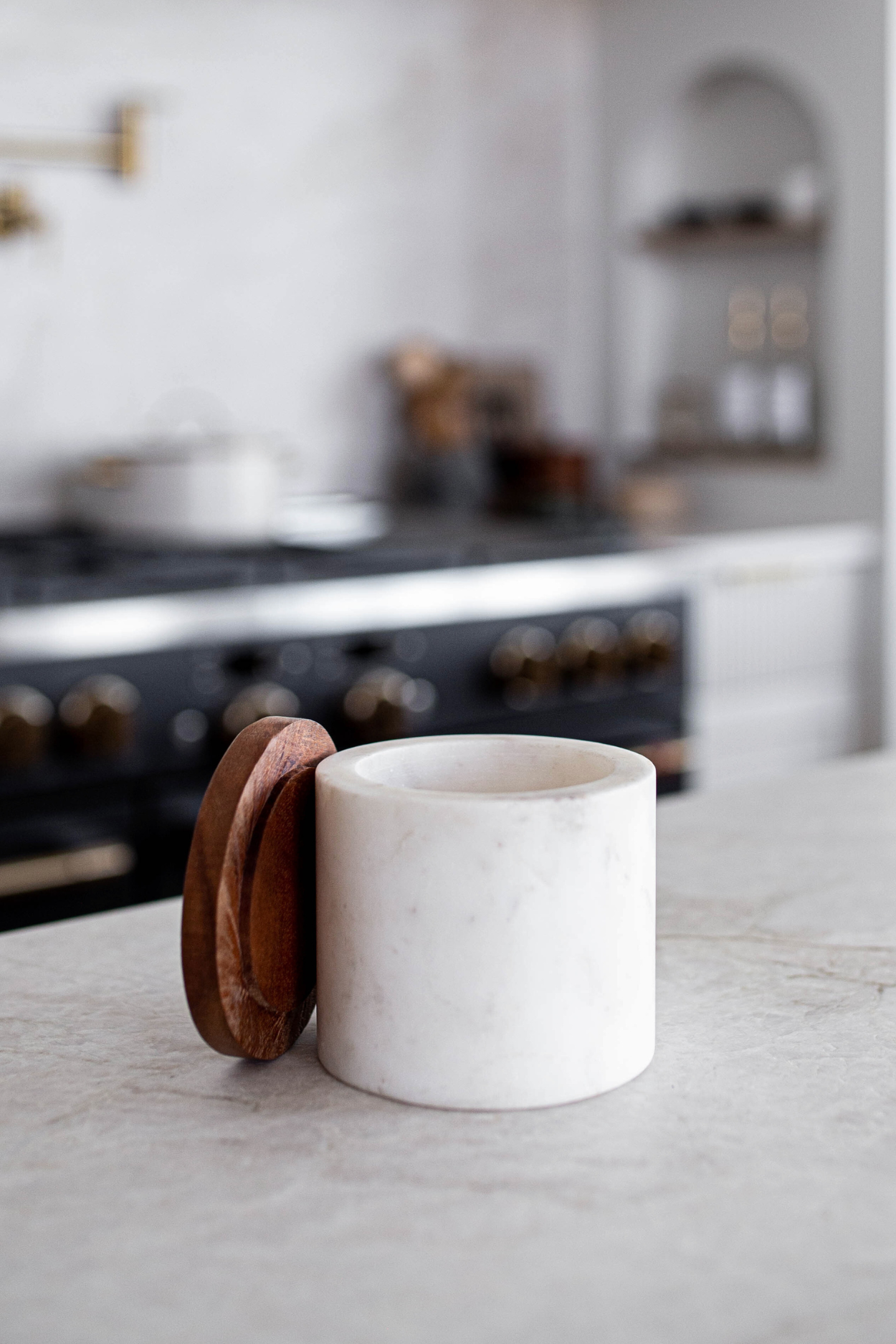 Stone Turned White Marble Jar With Acacia Wood Lid | By Luxe B Co. 