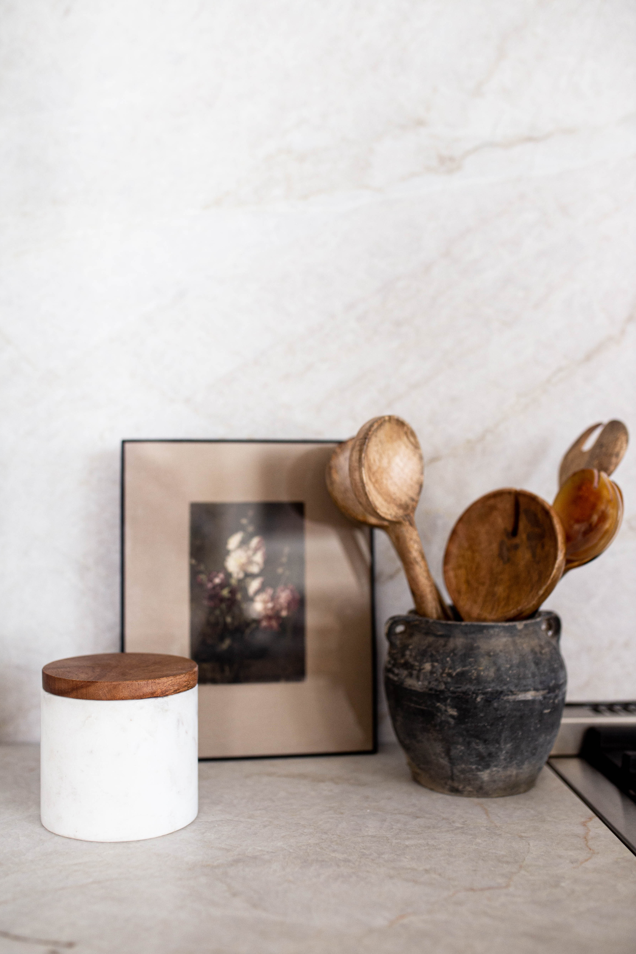 Stone Turned White Marble Jar With Acacia Wood Lid | By Luxe B Co. 