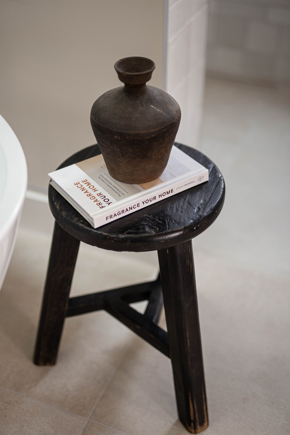 Vintage Elm Wood Round Stool Black - Luxe B Co