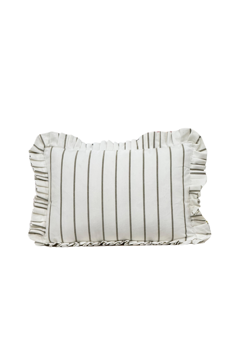 Ruffle Lumbar Pillow Cover White Olive Green Pin Stripes