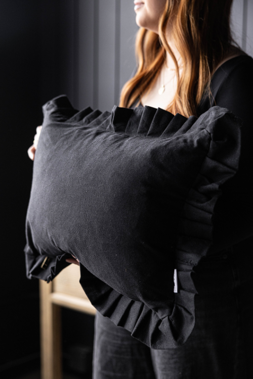 Ruffle Lumbar Pillow Cover Black | By Luxe B Co.