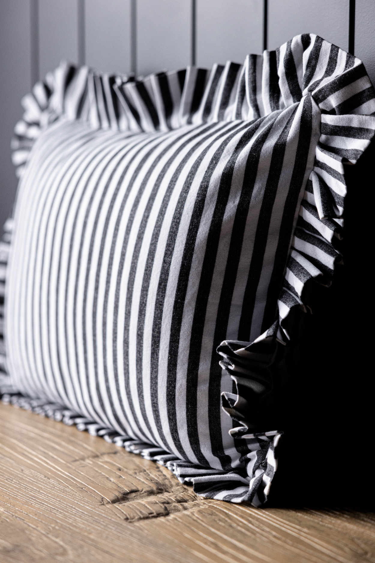 Ruffle Lumbar Pillow Cover Black Charcoal Stripes | By Luxe B Co.