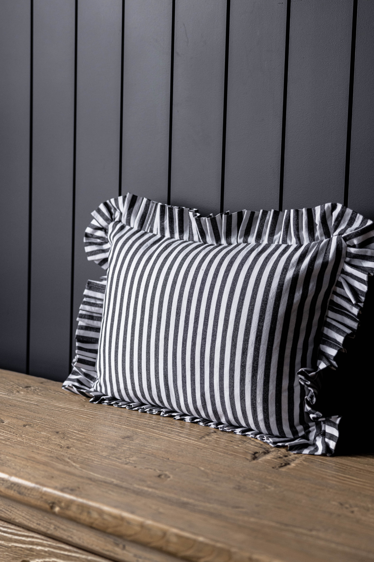 Ruffle Lumbar Pillow Cover Black Charcoal Stripes | By Luxe B Co.