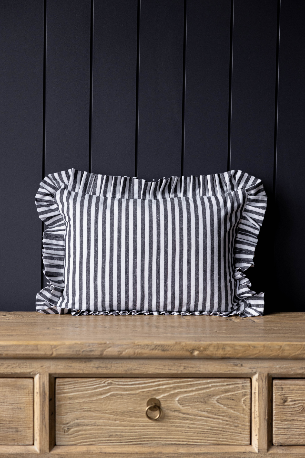 Ruffle Lumbar Pillow Cover Black Charcoal Stripes | By Luxe B Co.