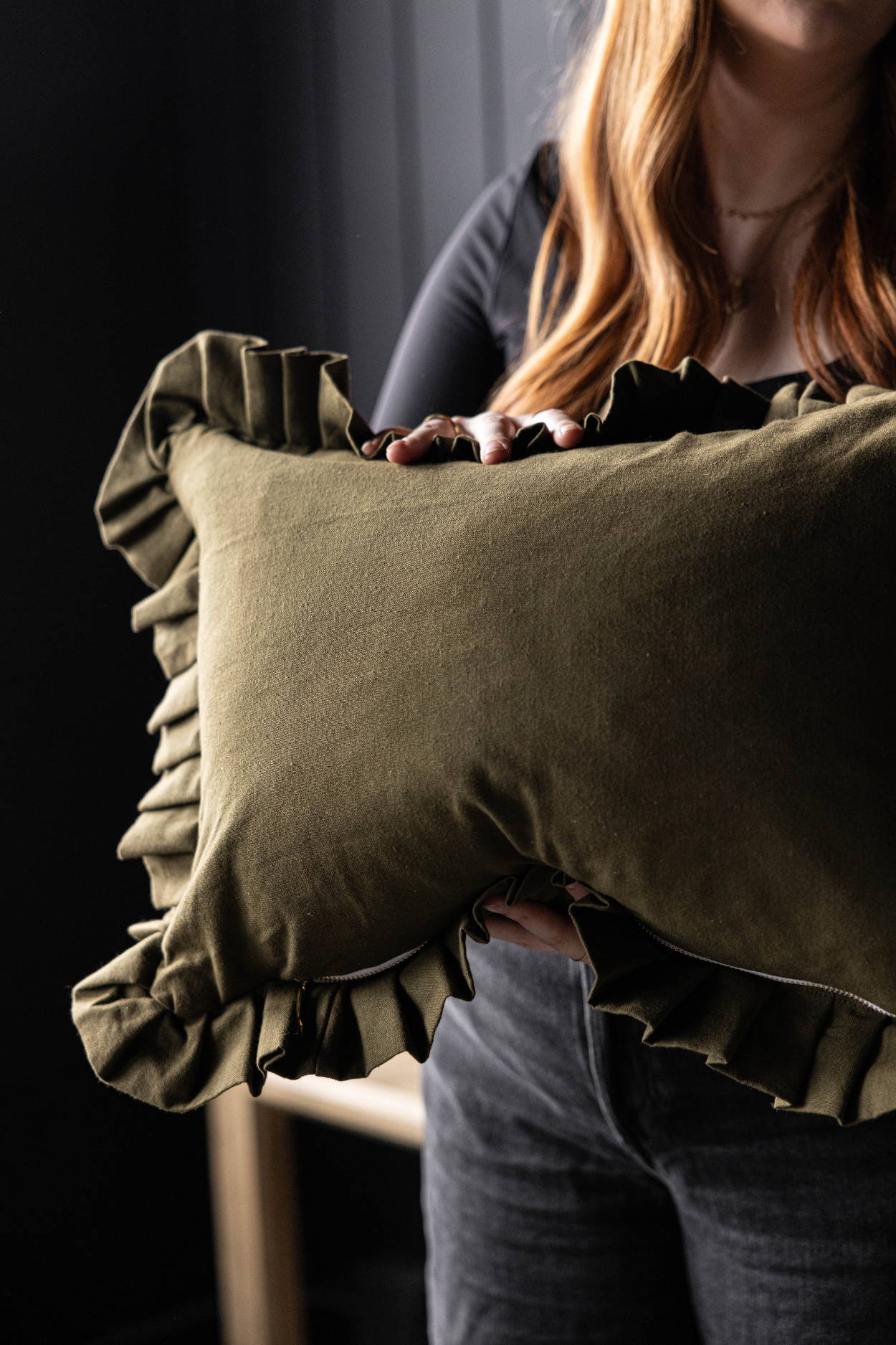 Ruffle Lumbar Pillow Cover Dark Olive Green | By Luxe B Co.