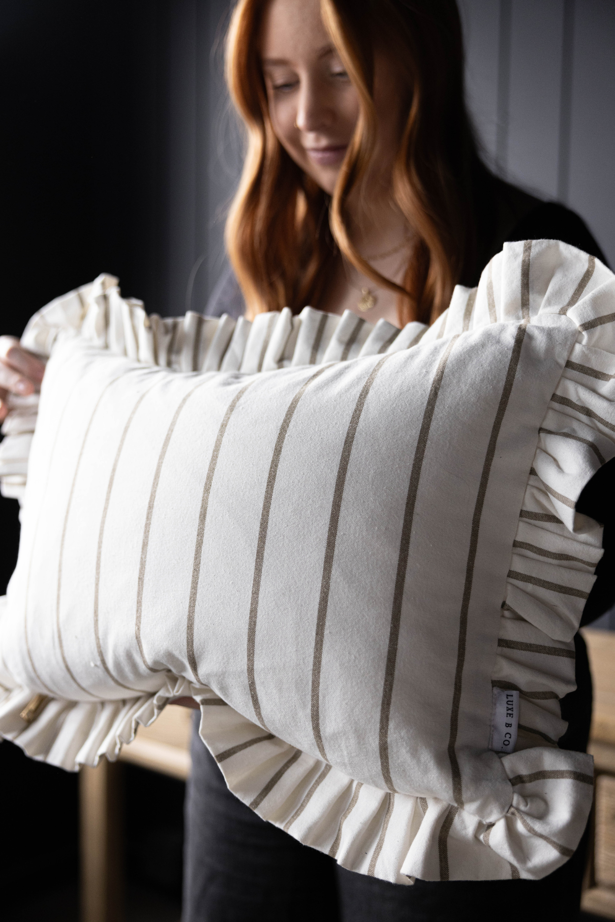 Ruffle Lumbar Pillow Cover White Olive Green Pin Stripes | By Luxe B Co.