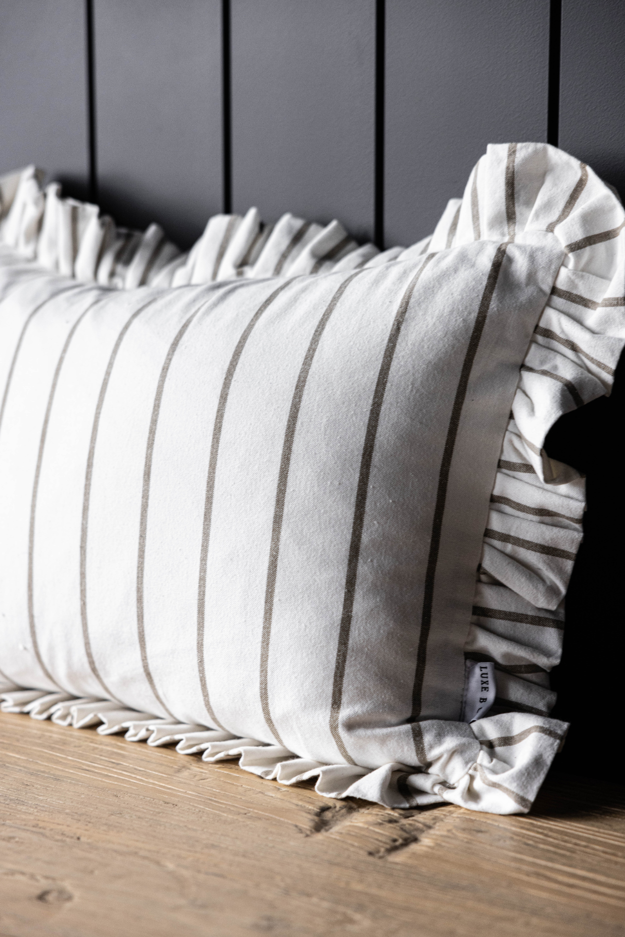 Ruffle Lumbar Pillow Cover White Olive Green Pin Stripes | By Luxe B Co.