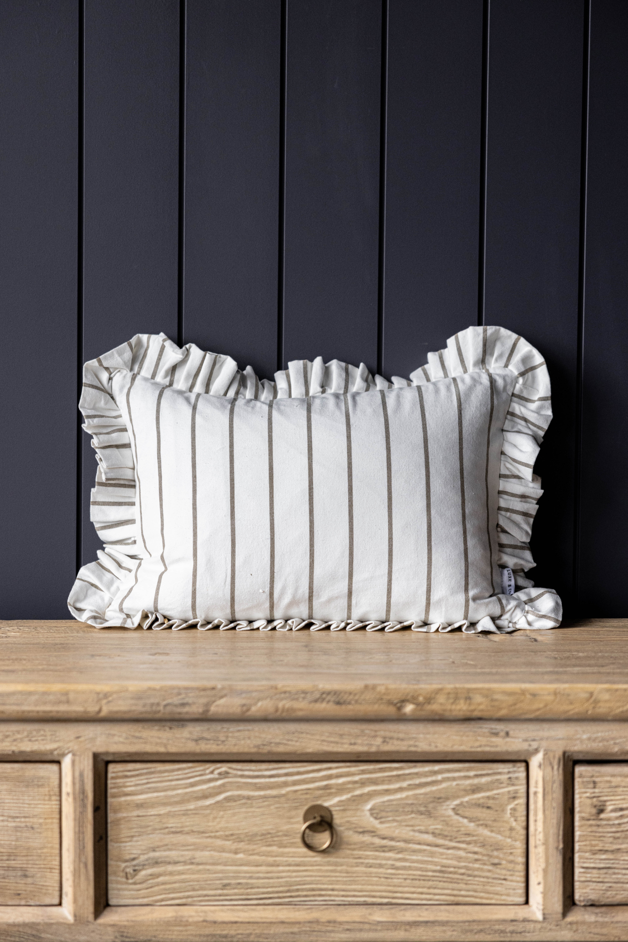 Ruffle Lumbar Pillow Cover White Olive Green Pin Stripes | By Luxe B Co.