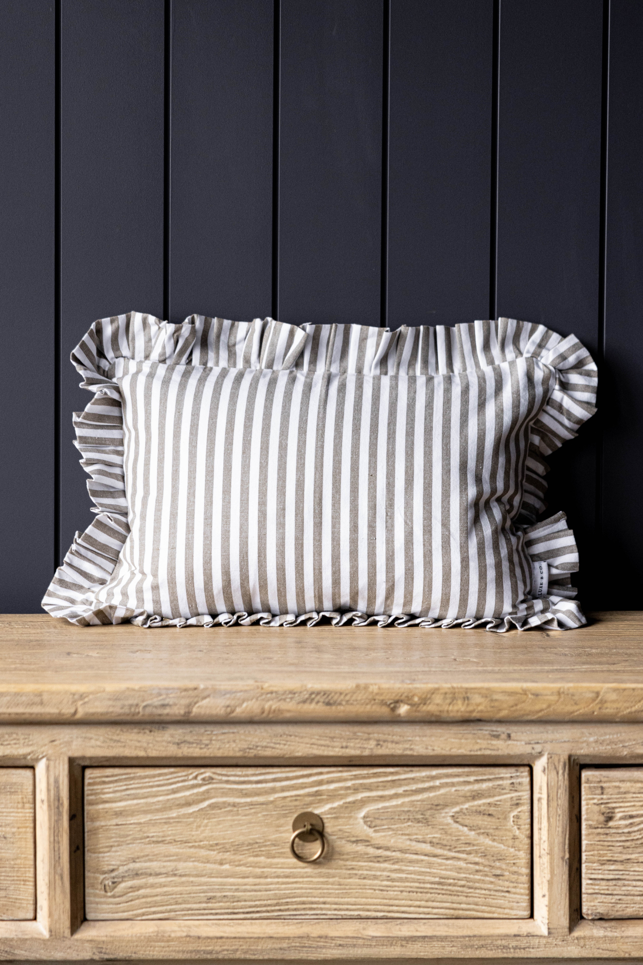 Ruffle Lumbar Pillow Cover Olive Green Stripes | By Luxe B Co.