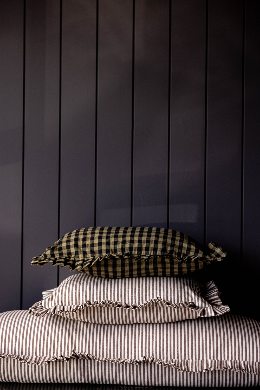 Ruffle Lumbar Pillow Cover Brown White Stripes - Luxe B Co