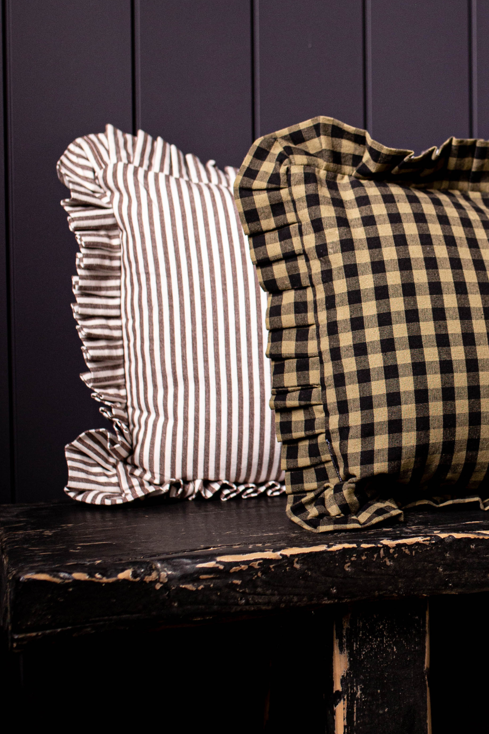 Ruffle Lumbar Pillow Shame Olive Green Gingham - Luxe B Co