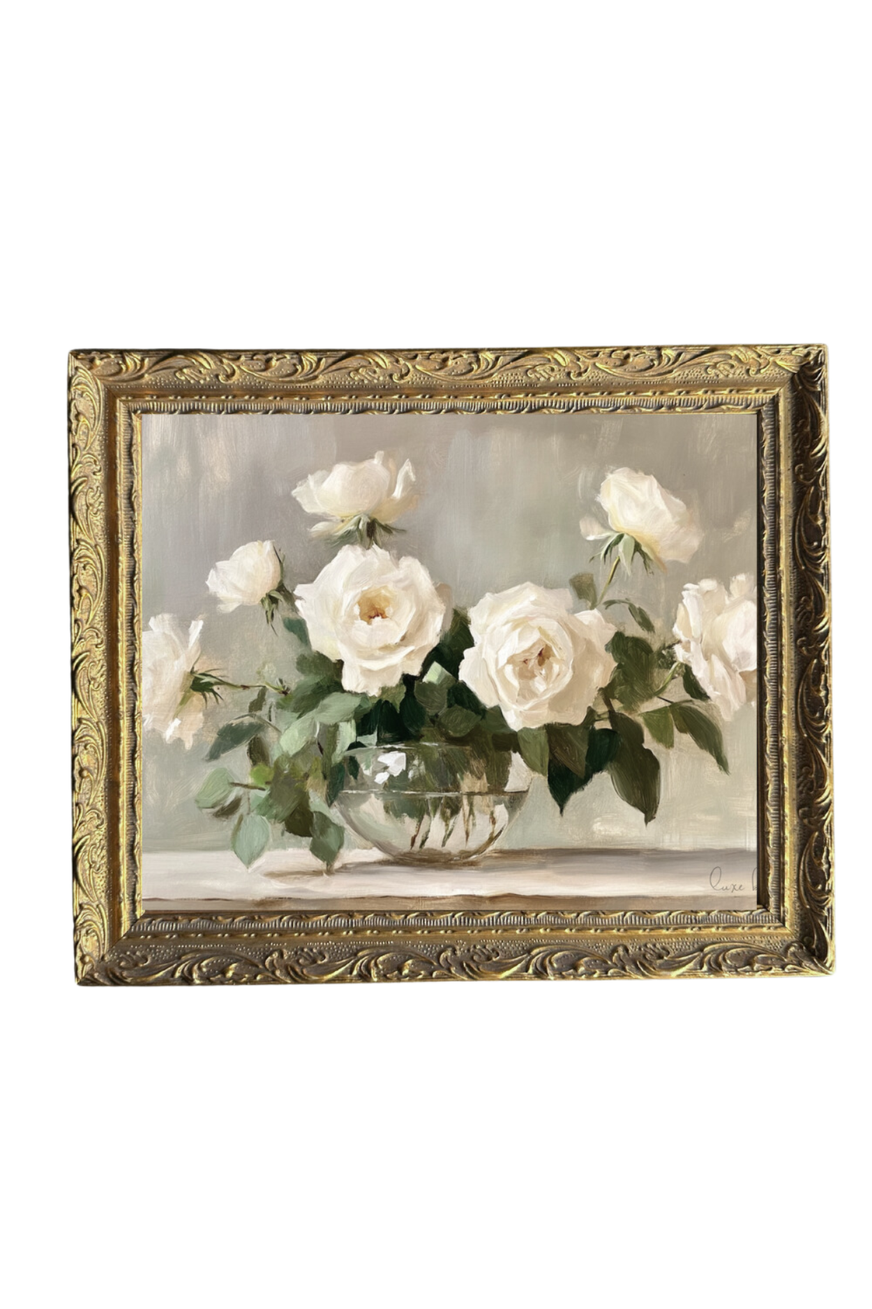 White Rose Bouquet | French Brass Gold Mould Framed Art | By Luxe B Co.